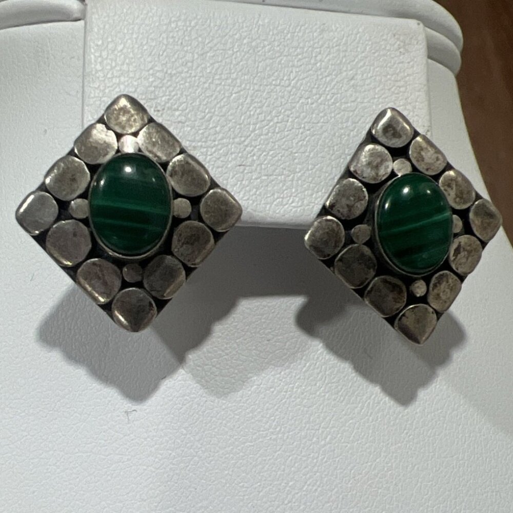 Vintage Malachite Sterling 925 Silver 3/4 Inch Earrings - Picture 2 of 7
